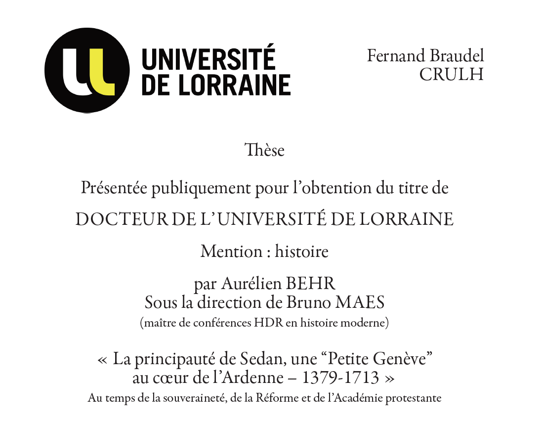 Soutenance aujourd'hui à 14h d'Aurélien Behr à Nancy, pour une thèse très attendue sur la principauté de Sedan, dans ses aspects politiques et confessionnels.
Le tout devant 70 personnes... un bus a été affrété! (espérons que les supporters sedanais ne casseront rien à Nancy)