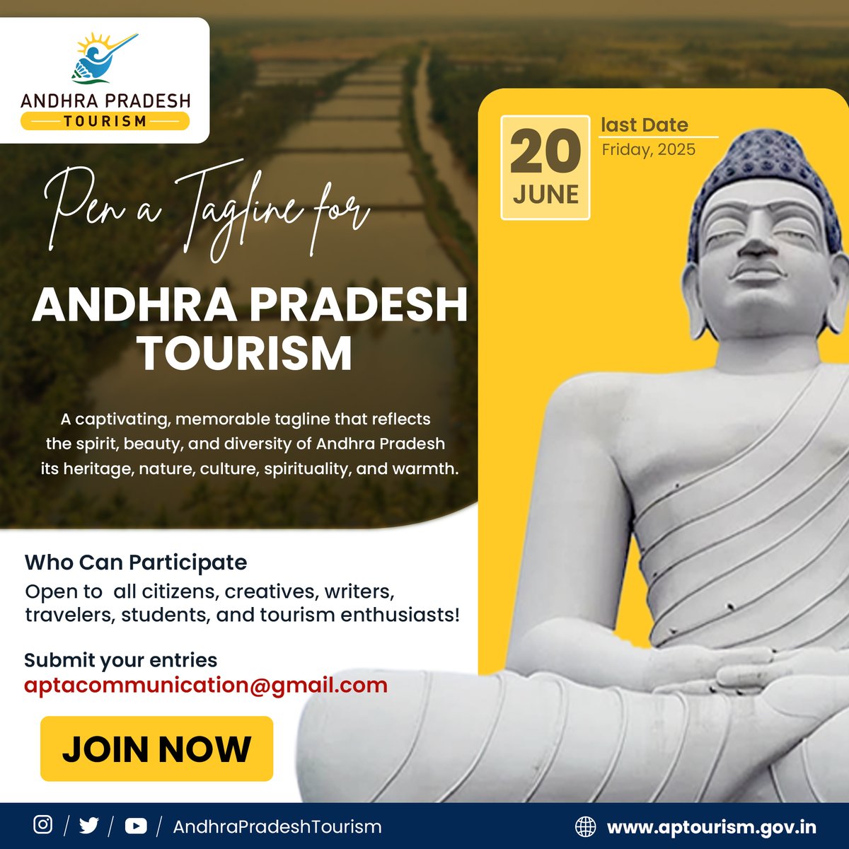 AP Tourism (@tourism_ap) on Twitter photo 🚀 Tagline Contest for Andhra Pradesh!
Think you can capture AP’s magic in a few words? Drop your best tagline idea & win!
✨ Heritage & temples 🌊 Beaches & nature 🎭Festivals & traditions 🍛 Delicious cuisine
Reply with your tagline! Contest ends soon. 🎉 <a href="/ncbn/">N Chandrababu Naidu</a> <a href="/APDeputyCMO/">Deputy CMO, Andhra Pradesh</a> 🚀 Tagline Contest for Andhra Pradesh!
Think you can capture AP’s magic in a few words? Drop your best tagline idea & win!
✨ Heritage & temples 🌊 Beaches & nature 🎭Festivals & traditions 🍛 Delicious cuisine
Reply with your tagline! Contest ends soon. 🎉 <a href="/ncbn/">N Chandrababu Naidu</a> <a href="/APDeputyCMO/">Deputy CMO, Andhra Pradesh</a>