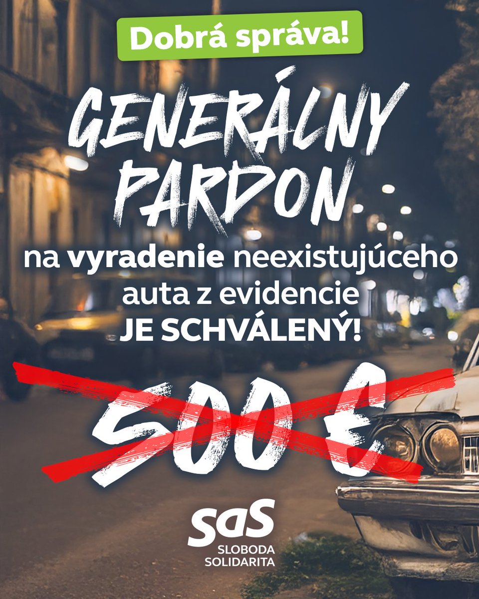 ✅ Podarilo sa! Náš návrh na generálny pardon za vyradenie fyzicky neexistujúcich áut z evidencie vozidiel prešiel v parlamente.

Od 15. júla 2025 do 14. januára 2026 každý občan, kto svoje dávno fyzicky neexistujúce vozidlo doteraz neodhlásil z policajnej evidencie, zaplatí za