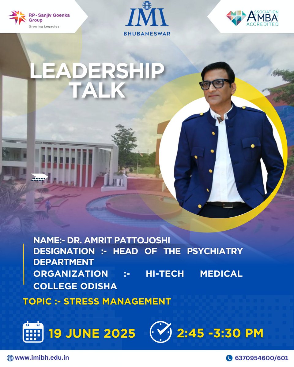 As part of our Orientation Program for the PGDM Batch 2025–27, we are honoured to host Dr. Amrit Pattojoshi, Head of the Psychiatry Department at Hi-Tech Medical College, Odisha, on June 19.
#imi #imib #imibhubaneswar #futureforwardwithimib #mentalhealthmatters #stressmanagement