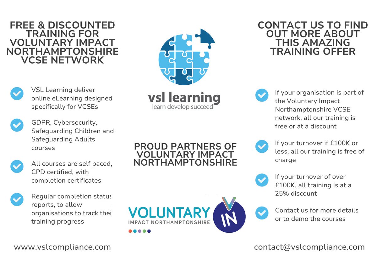 vsl learning (@vsl_learning) on Twitter photo We are proud to be partnered with Voluntary Impact Northamptonshire, to provide our paid for training to their VCSE network for free or at a significant discount.
Contact us to find out more about this amazing offer!
<a href="/VoluntaryImpact/">Vol Impact Northants</a> We are proud to be partnered with Voluntary Impact Northamptonshire, to provide our paid for training to their VCSE network for free or at a significant discount.
Contact us to find out more about this amazing offer!
<a href="/VoluntaryImpact/">Vol Impact Northants</a>