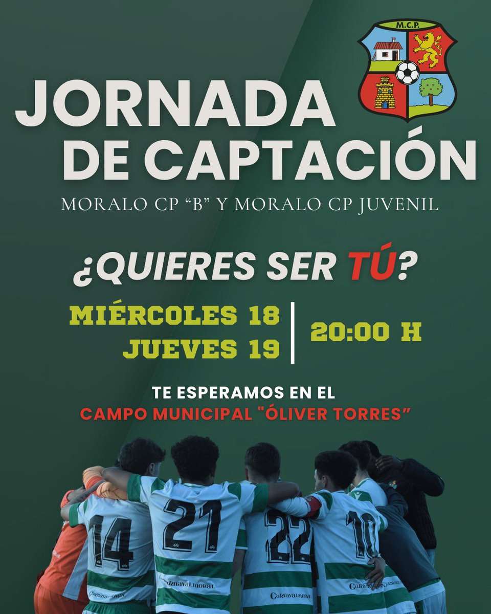 ⚽️JORNADA DE CAPTACIÓN

👉¿Quieres formar parte del Moralo CP “B” o del Moralo CP Juvenil?

Te esperamos los días 18 y 19 de Junio a las 20:00H en el Campo Municipal “Óliver Torres”

Puedes inscribirte previamente mediante el siguiente enlace:
docs.google.com/forms/d/e/1FAI…