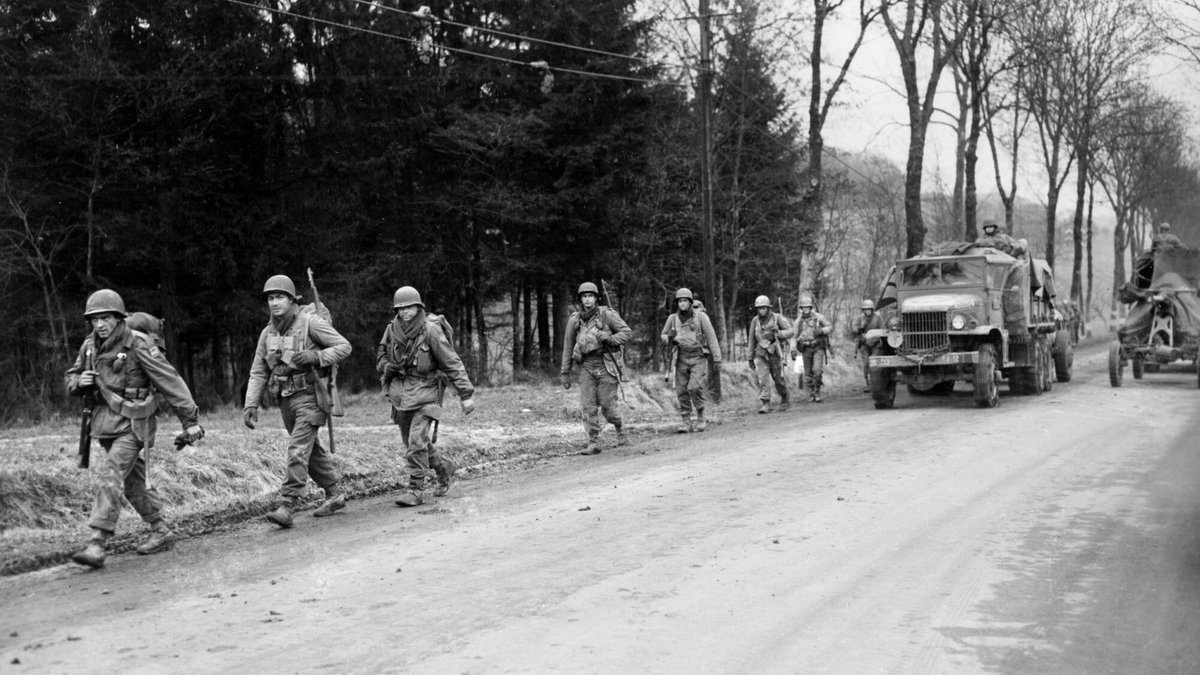 As we celebrate the U.S. Army's 250th birthday this week, we are sharing historical photos of the 80th Training Command's legacy. #Army250

Soldiers of the 80th Infantry Division march towards Luxembourg, towards the town of Bastogne during the Battle of the Bulge. Date unknown.