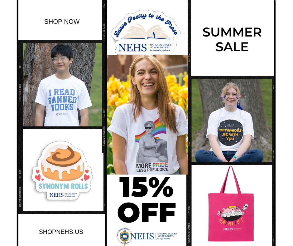 The Shop NEHS Summer Sale is on! Enjoy 15% off site-wide on all apparel, bags, and stickers from June 1 to June 30, 2025. It's the perfect time to grab official gear or personalized chapter apparel. Shop now and save! bit.ly/3Vc6a00  #nehs4hs #englishhonor #sale