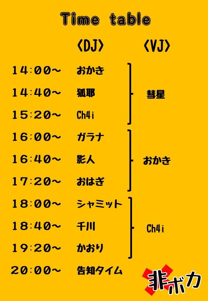 【リポストいいねしていただけるとうれしいです！】
#非ボカ の出演者とタイムテーブルを解禁です！ボカクラアニクラ中心に色んなDJ集まりました！
コンセプトは2枚目をご確認ください！
可愛い女の子は窪園なぬかさんに描いてもらいました！めっちゃ可愛いですよね！！！☺️
7/27は是非来てください！