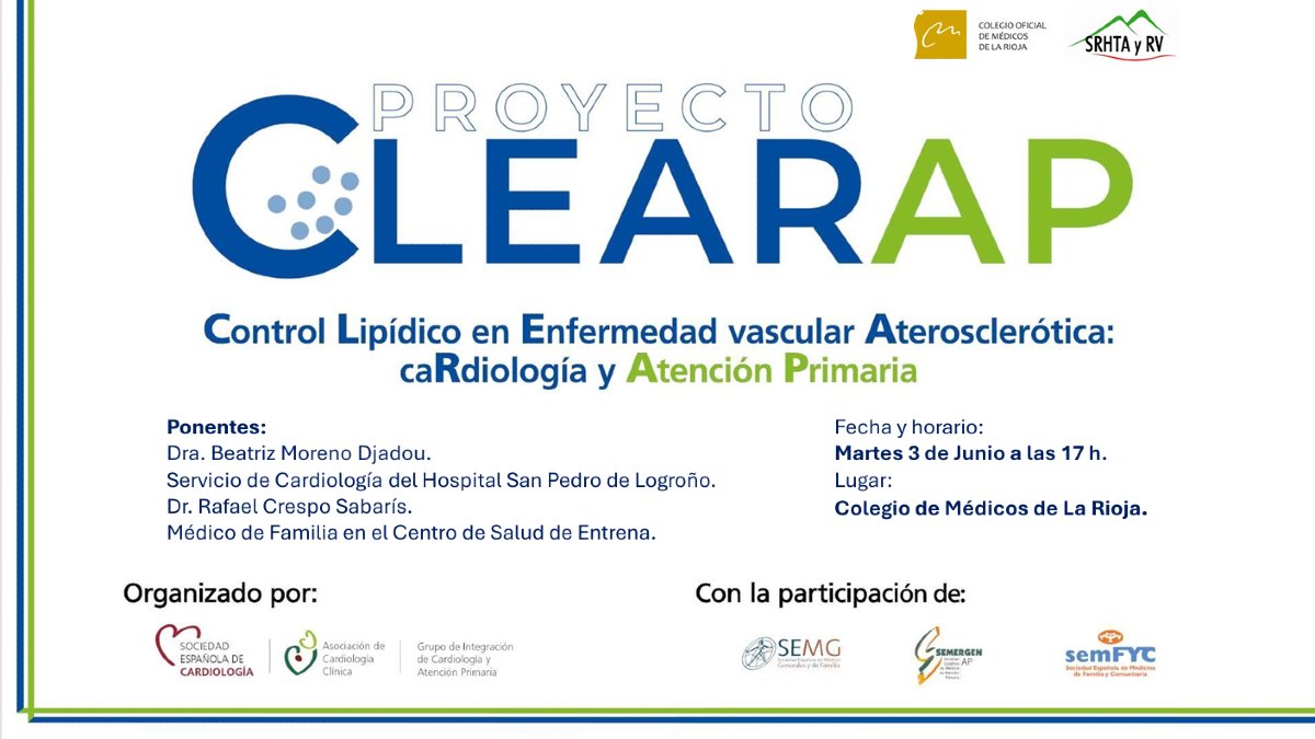 Programa ‘Píldoras en Riesgo Cardiovascular’ por <a href="/SRHTARV/">SRHTA-RV</a> 
Segundo seminario 'Buscando al paciente cardiorrenal-metabólico'
📅 18/06 – 19:30h
📍 Colegios Profesionales Sanitarios de La Rioja
👩‍⚕️ Enfoque en Endocrinología, Medicina Interna y Nefrología
ℹ️ medicosrioja.com/programa-pildo…