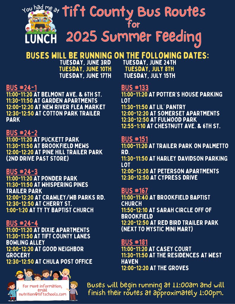 ☀️Today is Summer Feeding Tuesday!☀️
Tift County is serving up 7 days of FREE breakfast &amp; lunch in every meal bag!

📍 Stop by one of our drive-up/walk-up sites
🚌 Or catch us along our bus route stops

👉 Details: tiftschools.com/page/summer-fe…

#4theT