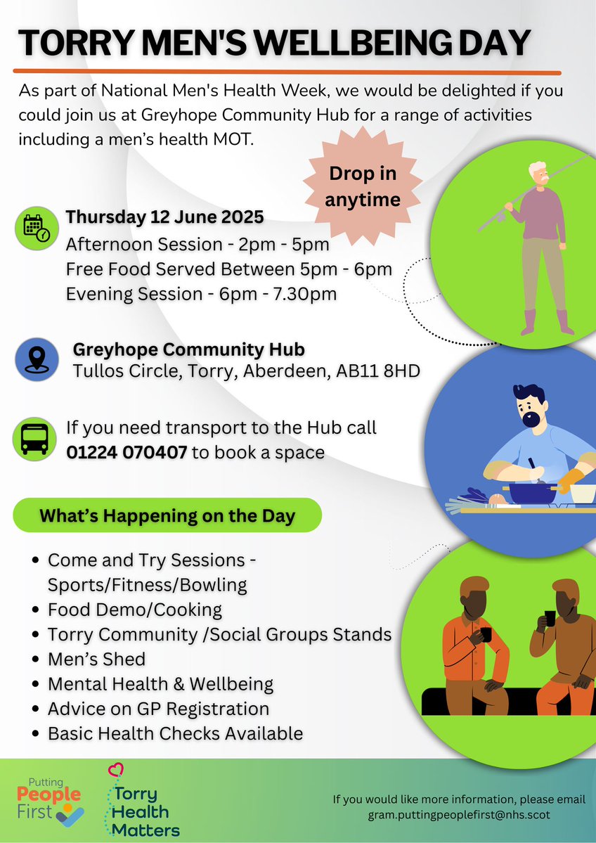 NHS Grampian (@nhsgrampian) on Twitter photo #MensHealthWeek Torry Menโs Wellbeing Day at Greyhope Community Hub!
๐ 12 June
๐ Afternoon session: 2pmโ5pm
๐ฒ Free food: 5pmโ6pm
๐ Evening session: 6pmโ7.30pm
๐ Tullos Circle, #Torry, Aberdeen, AB11 8HD
Need help getting there? Call 01224 070407.
<a href="/HSCAberdeen/">Aberdeen City HSCP</a> #MensHealthWeek Torry Menโs Wellbeing Day at Greyhope Community Hub!
๐ 12 June
๐ Afternoon session: 2pmโ5pm
๐ฒ Free food: 5pmโ6pm
๐ Evening session: 6pmโ7.30pm
๐ Tullos Circle, #Torry, Aberdeen, AB11 8HD
Need help getting there? Call 01224 070407.
<a href="/HSCAberdeen/">Aberdeen City HSCP</a>