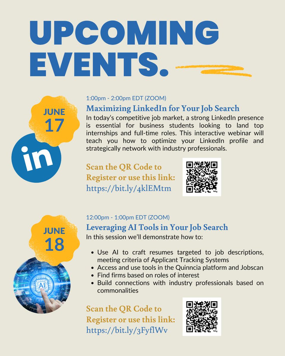 Learn how to optimize tools such as LinkedIn and AI to become a competitive candidate for the workforce! Register for these upcoming events today:

Maximizing LinkedIn for Your Job Search | bit.ly/4klEMtm

Leveraging AI Tools in Your Job Search | bit.ly/3FyflWv