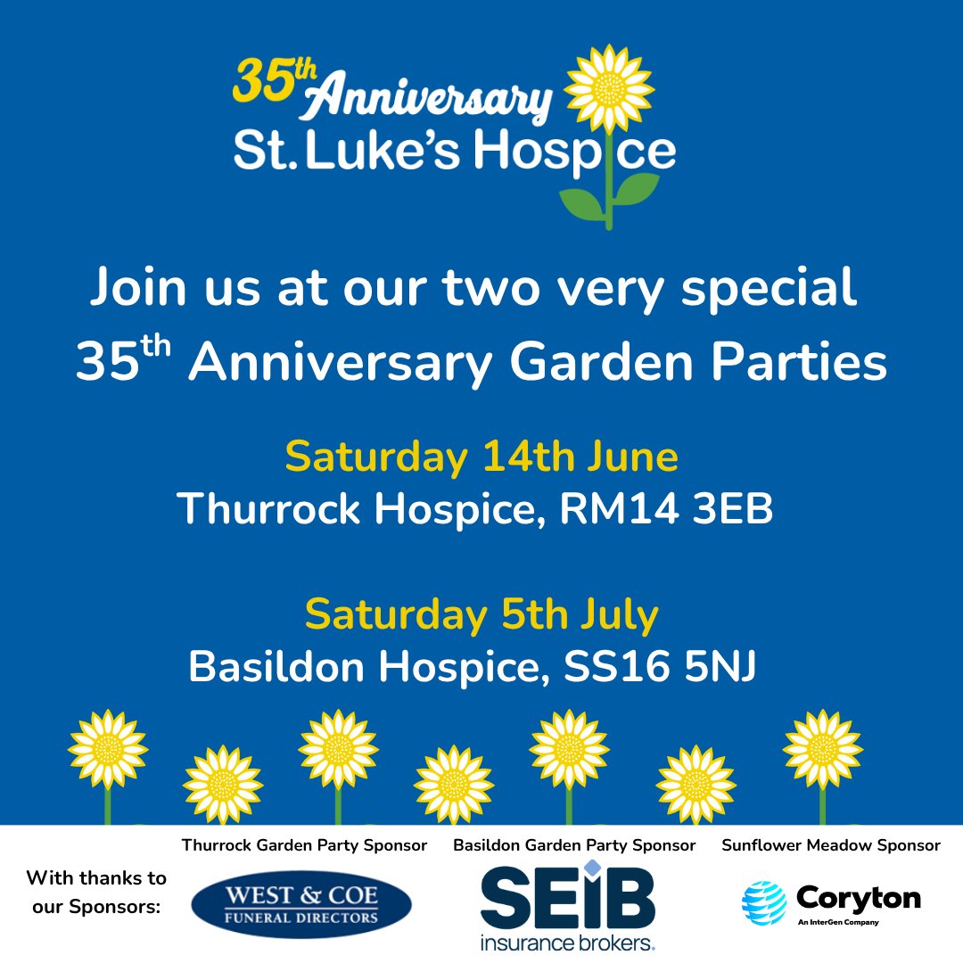 Don’t forget the first of our two 35th anniversary Garden Parties takes place this Saturday 14th June.   

We look forward to welcoming you, your families and friends to our much-loved Hospice gardens.  

Find out more here - stlukeshospice.com/garden-party  

#LoveStLukes 💙