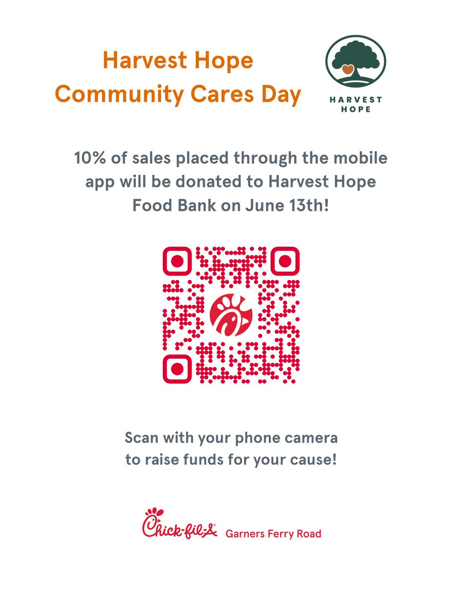 HarvestHopeFB's tweet image. When you place a mobile order through the Chick-fil-A app at the Garner’s Ferry location, 10% of your purchase will be donated to Harvest Hope Food Bank to help fight hunger in our communities.

#ChickfilA #HarvestHopeFoodBank