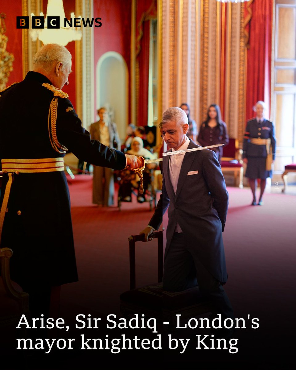 The Mayor of London Sir Sadiq Khan has been knighted by King Charles at Buckingham Palace ➡️ bbc.in/3HAmrKD
