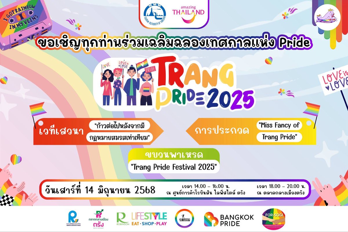 🌈✨ รวมพลังหัวใจเพื่อความเท่าเทียม ✨🌈
14 มิถุนายนนี้! มากันให้แน่นตรัง

Trang Pride 2025 คือเทศกาลของการเฉลิมฉลองสิทธิของคนเพศหลากหลาย

ขอชวนทุกคน
มาร่วมสร้างประวัติศาสตร์แห่งความทรงจำของชาว LGBTQIAN+ 💖

📍 เวทีเสวนา | ขบวนพาเหรด | การประกวด Miss Fancy of Trang Pride