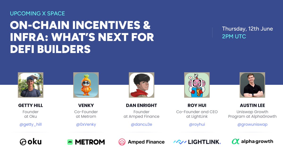 LightLink ⛓️ (@lightlinkchain) on Twitter photo 1/2 🚨 Surprise — We’re going live with <a href="/metromxyz/">Metrom</a>, <a href="/okutrade/">Oku 🐼</a>, <a href="/alphagrowth1/">AlphaGrowth</a>, and <a href="/AmpedFinance/">Amped Finance</a>
Expect alpha on smarter liquidity, cross-chain incentives, and the infra DeFi actually needs
Featuring:
🎙️ <a href="/getty_hill/">Getty Hill</a>
🎙️ <a href="/0xVenky/">Venky</a>
🎙️ <a href="/dancu3e/">dancube</a>
🎙️ <a href="/growuniswap/">Uniswap Growth</a>
🧑⚖️ Mod: <a href="/royhui/">royhui</a> 1/2 🚨 Surprise — We’re going live with <a href="/metromxyz/">Metrom</a>, <a href="/okutrade/">Oku 🐼</a>, <a href="/alphagrowth1/">AlphaGrowth</a>, and <a href="/AmpedFinance/">Amped Finance</a>
Expect alpha on smarter liquidity, cross-chain incentives, and the infra DeFi actually needs
Featuring:
🎙️ <a href="/getty_hill/">Getty Hill</a>
🎙️ <a href="/0xVenky/">Venky</a>
🎙️ <a href="/dancu3e/">dancube</a>
🎙️ <a href="/growuniswap/">Uniswap Growth</a>
🧑⚖️ Mod: <a href="/royhui/">royhui</a>