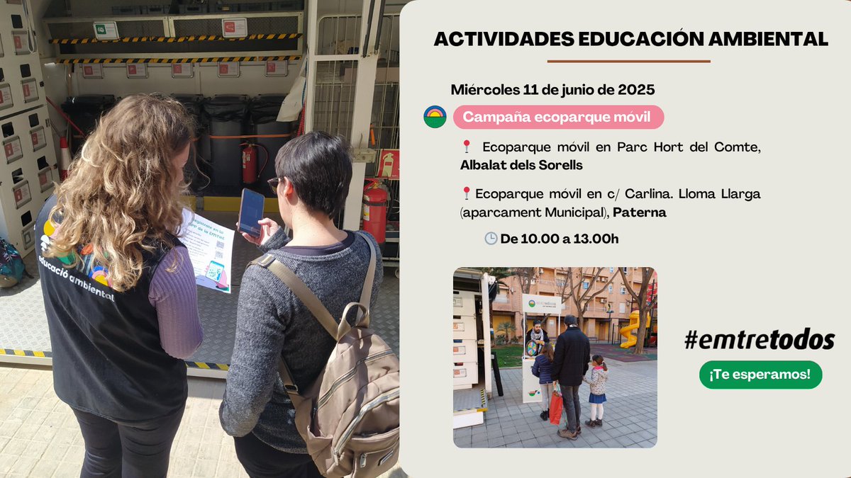 ¡Mañana, #emtreduca hace doble parada! 🚛🌍

Estaremos en Albalat dels Sorells y en Paterna con nuestra campaña de ecoparque móvil ♻️

¿No sabes qué residuos puedes llevar? 👩‍🏫 Nuestro equipo de educadores/as ambientales estará allí para ayudarte.

¡Te esperamos! #emtretodos 🙌