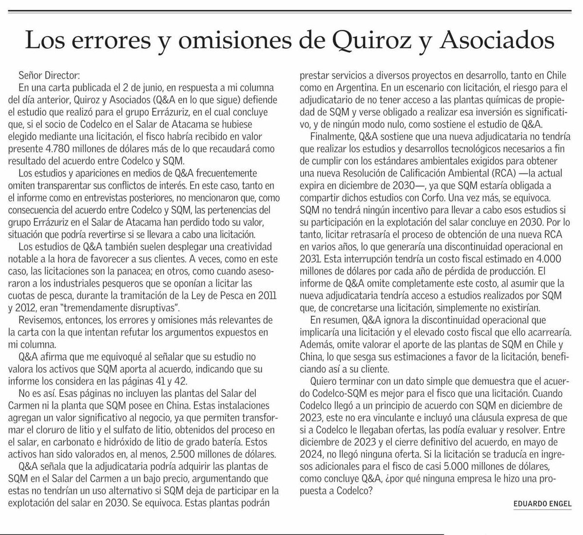 Contundente carta del académico Eduardo Engel. En ella se entregan más argumentos sobre lo conveniente que es para Codelco y el país este importante acuerdo.