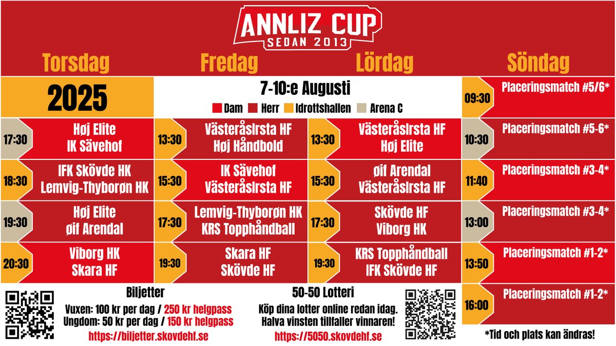🔥 Annliz Cup SuperElits spelschema är här!
Spännande matcher, inklusive ett hett derby mellan Skara HF och Skövde HF, väntar i Arena C och Skövde Idrottshall hela helgen. Kolla in schemat och läs om de spännande matcherna på annlizcup.se/match-schedule… och missa inte handbollsfesten