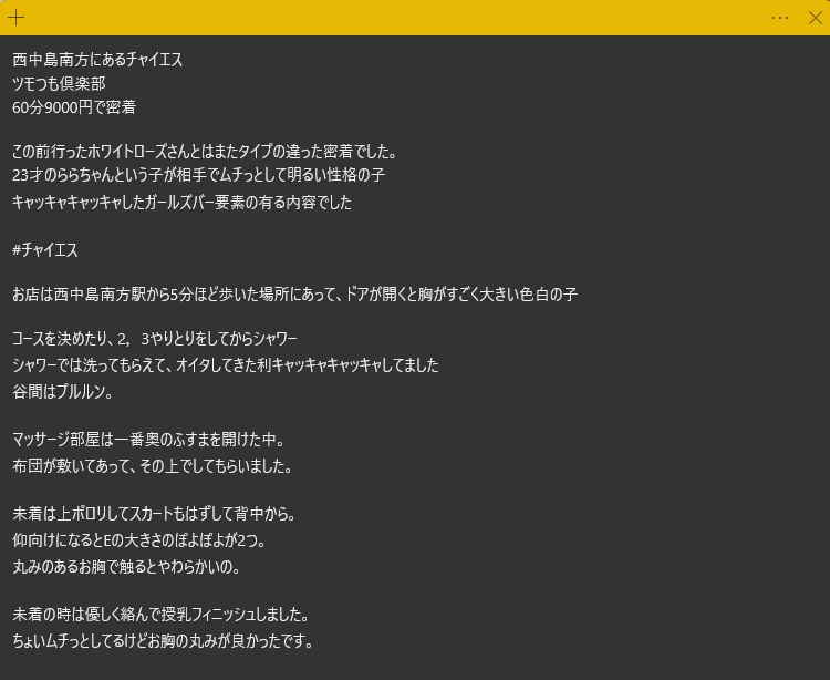 西中島南方にあるチャイエス
ツモつも倶楽部
60分9000円で密着

この前行ったホワイトローズさんとはまたタイプの違った密着でした。
23才のららちゃんという子が相手でムチっとして明るい性格の子
キャッキャキャッキャしたガールズバー要素の有る内容でした

#チャイエス