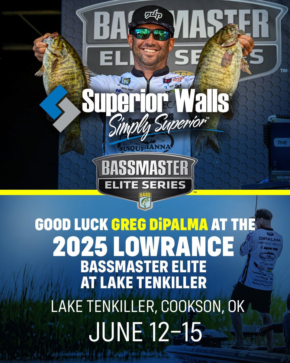 Best of luck to <a href="/greg_dipalma/">Greg DiPalma</a> at the 2025  Lowrance <a href="/bassmaster/">Bassmaster</a> Elite at Lake Tenkiller – Cookson, OK – June 12 - 15  #bassfishing #basslive #basselite #superiorwalls #gregdiplama