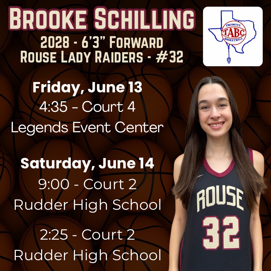 Brooke Schilling (@bschilling_2028) on Twitter photo I’m looking forward to playing with my <a href="/RouseGirlsBball/">Rouse HS Girls BBall</a> team this weekend at the TABC Showcase! I’m looking forward to playing with my <a href="/RouseGirlsBball/">Rouse HS Girls BBall</a> team this weekend at the TABC Showcase!
