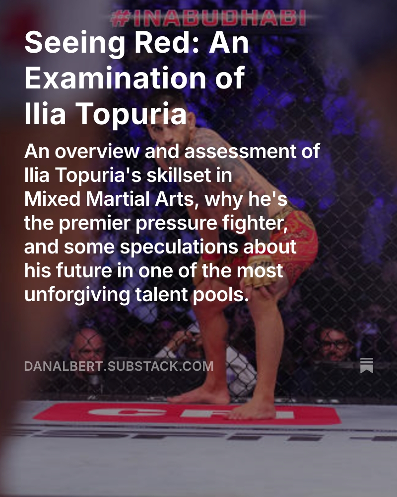 TypewritingDA's tweet image. I haven't written a longform tech article in awhile. Here's one on Ilia Topuria, covering his developments and successes, some concerns for a possible loss, and how he matches up vs Oliveira.
Link: danalbert.substack.com/p/seeing-red-a…