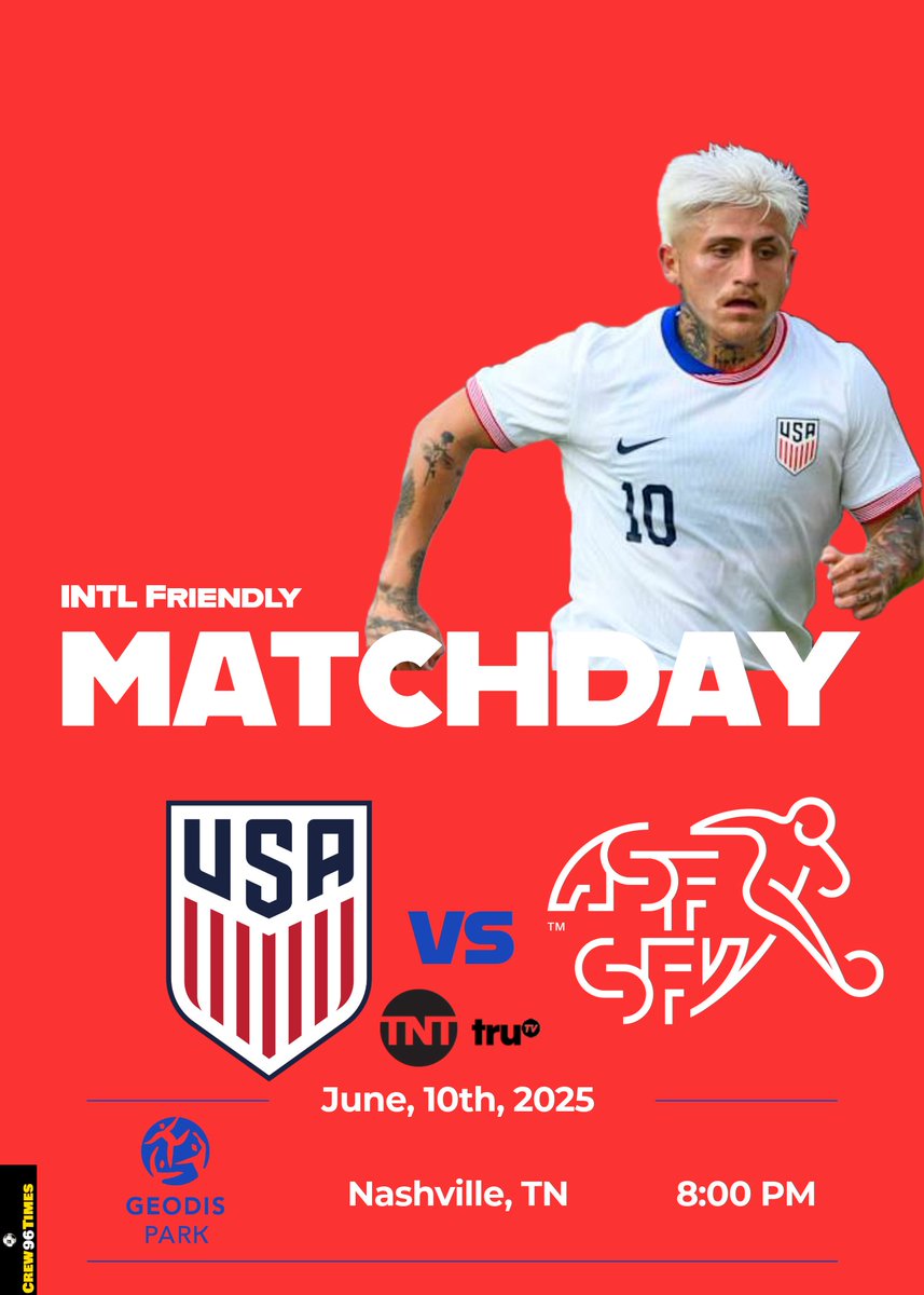 Crew96Times's tweet photo. It's Matchday for the #USMNT in Nashville, TN, as the Stars & Stripes will take on Switzerland for one final tune-up before the Gold Cup begins next week 🤘
Let's finish preparations on a positive.
Go USAA ❤️🤍💙🇺🇸
.
.
.
#USAvSUI | #Nashville | #AmericanOutlaws | #USSoccer https://t.co/BimTw5yrk8
