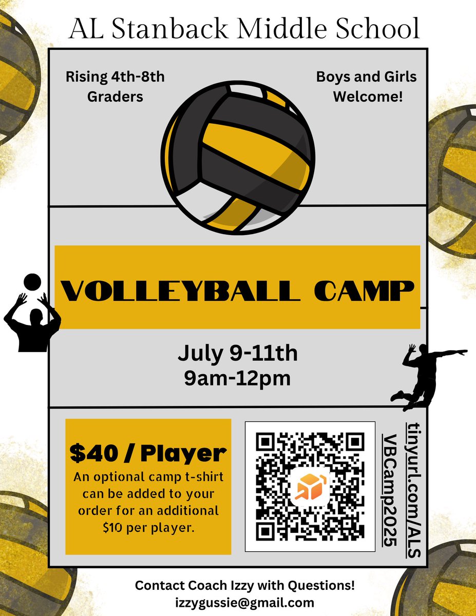 Volleyball camp-July 9, 10, &amp; 11th from 9am to 12pm. Rising 4th to rising 8th graders. Attached is the flyer and a way for you to sign up. We look forward to seeing you this summer 😊 <a href="/ALSBulldogs/">A.L Stanback Middle</a>