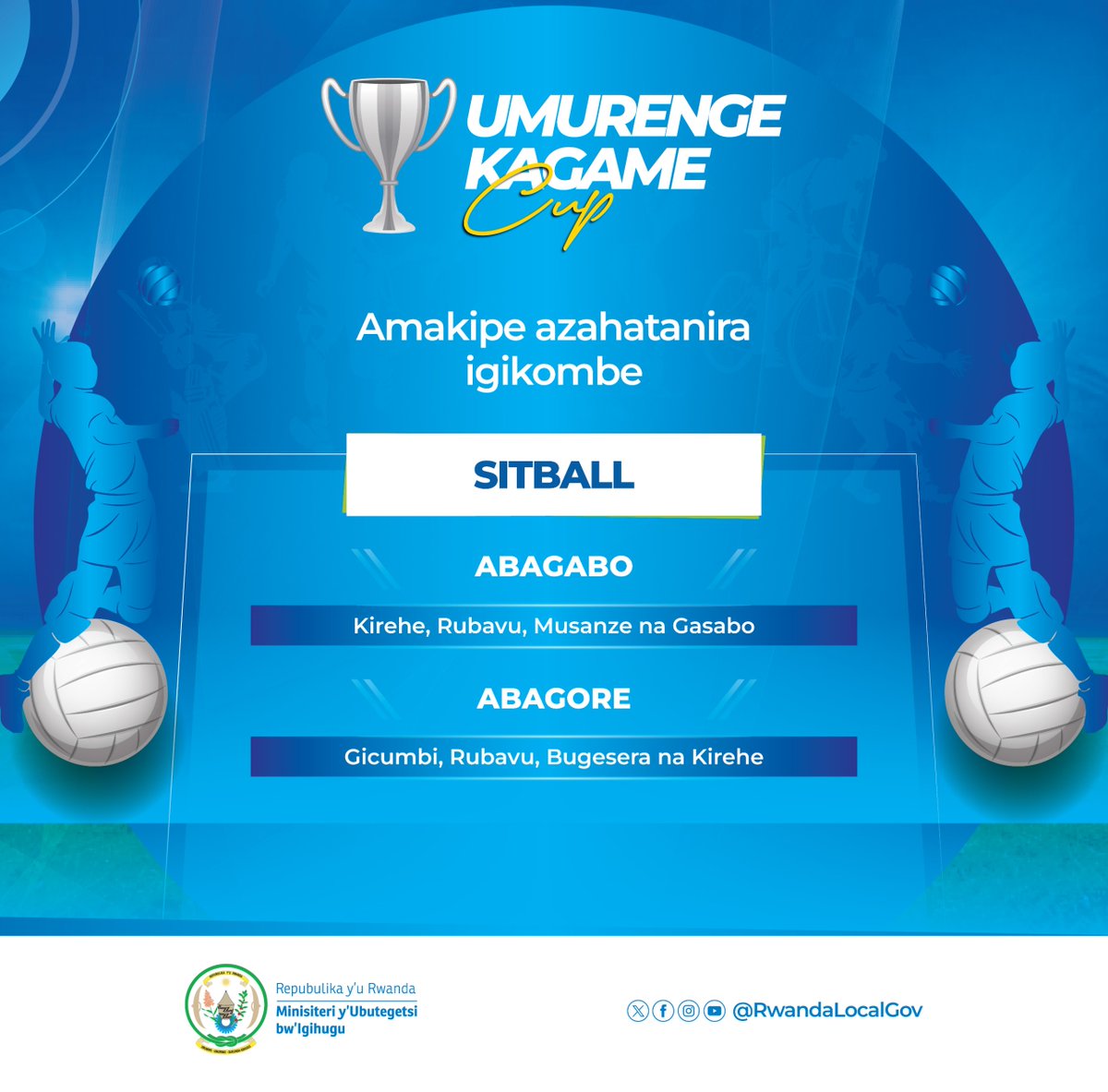 Dutewe ishema n'ikipe zihagarariye #KigaliYacu mu mikino ya nyuma yo guhatanira igikombe cy'irushanwa #UmurengeKagameCup i Musanze ku wa 14-15 Kamena 2025:

⚽️ Jabana Vs Mbazi (abagabo) 
⚽️ Kacyiru Vs Mahembe (abagore). 

Mu mikino y’amaboko na ho Umujyi wa Kigali urahagarariwe: