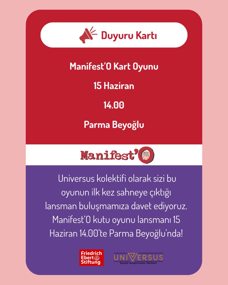 “Manifest’O” ile Yeni Bir Sözün Başlangıcına Davetlisin!

FES desteğiyle Universus Sosyal Araştırmalar Merkezi'nin hazırladığı Manifest’O kutu oyunu yayında!

Katılım Formu: 
docs.google.com/forms/d/e/1FAI…