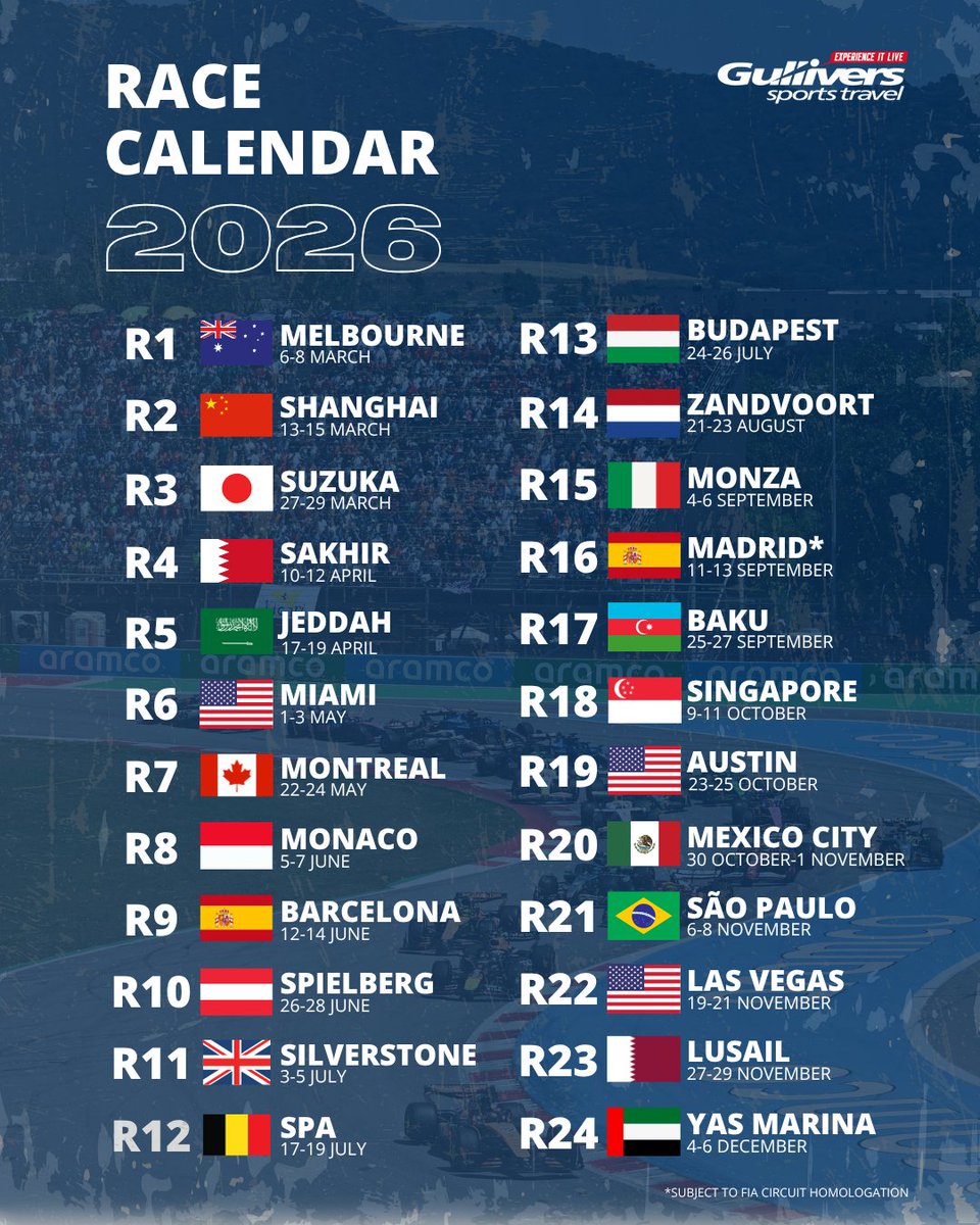 It's time to start planning...✍🗓🏎

The 2026 Formula 1 calendar is here!🏁

👇Be the first to know when we go on sale with our ticket, hotel, and flight options🎟✈️

gulliverstravel.co.uk/.../packages/f…