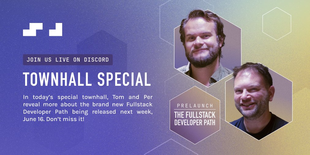 scrimba's tweet photo. 🚨 Townhall Special Today 🚨

Join us on Discord as @perborgen, @Tpchant &amp; @ShantDashjian chat about the upcoming Fullstack 
Path launch scheduled for next Monday, June 16th 🚀

🎙️ Listen in and ask any questions
🕔 Today at  PM UTC+1
👉 https://t.co/NYz86bswYo

See you there 🏠 https://t.co/M3eYgaxheo
