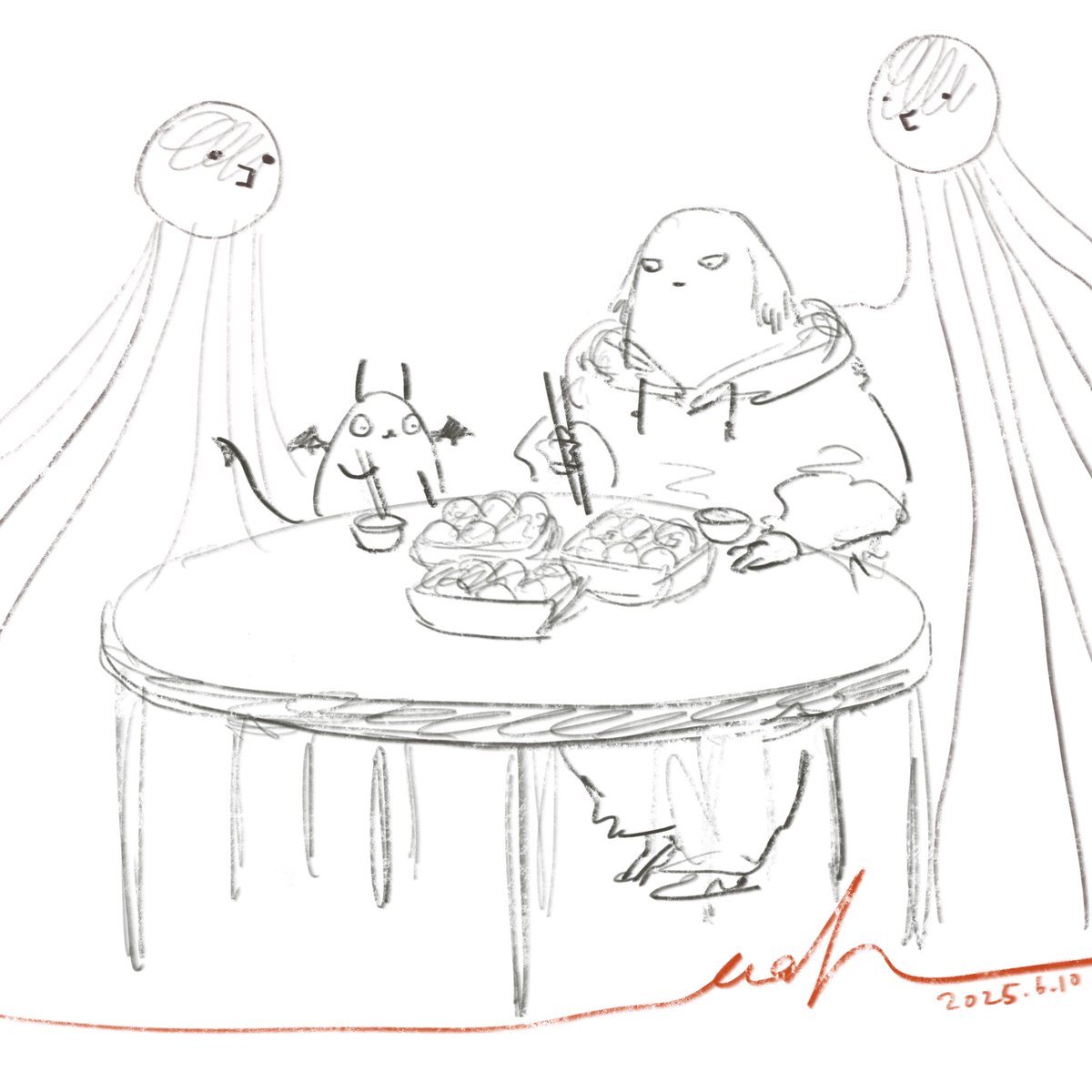 たこやき星人に囲まれながらたこ焼きを食いまくる

#デビタくんの日常 #キャラサイ