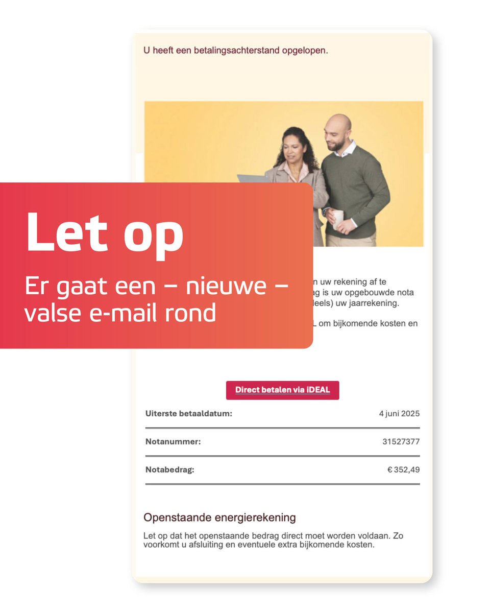 Ze weten van geen ophouden… Er gaat opnieuw een phishingmail rond die lijkt alsof hij van Eneco afkomstig is. 
🚫 Klik niet op de betaallink.
✅ Controleer altijd goed de afzender

Meer info over hoe Eneco omgaat met phishing?
eneco.nl/klantenservice…