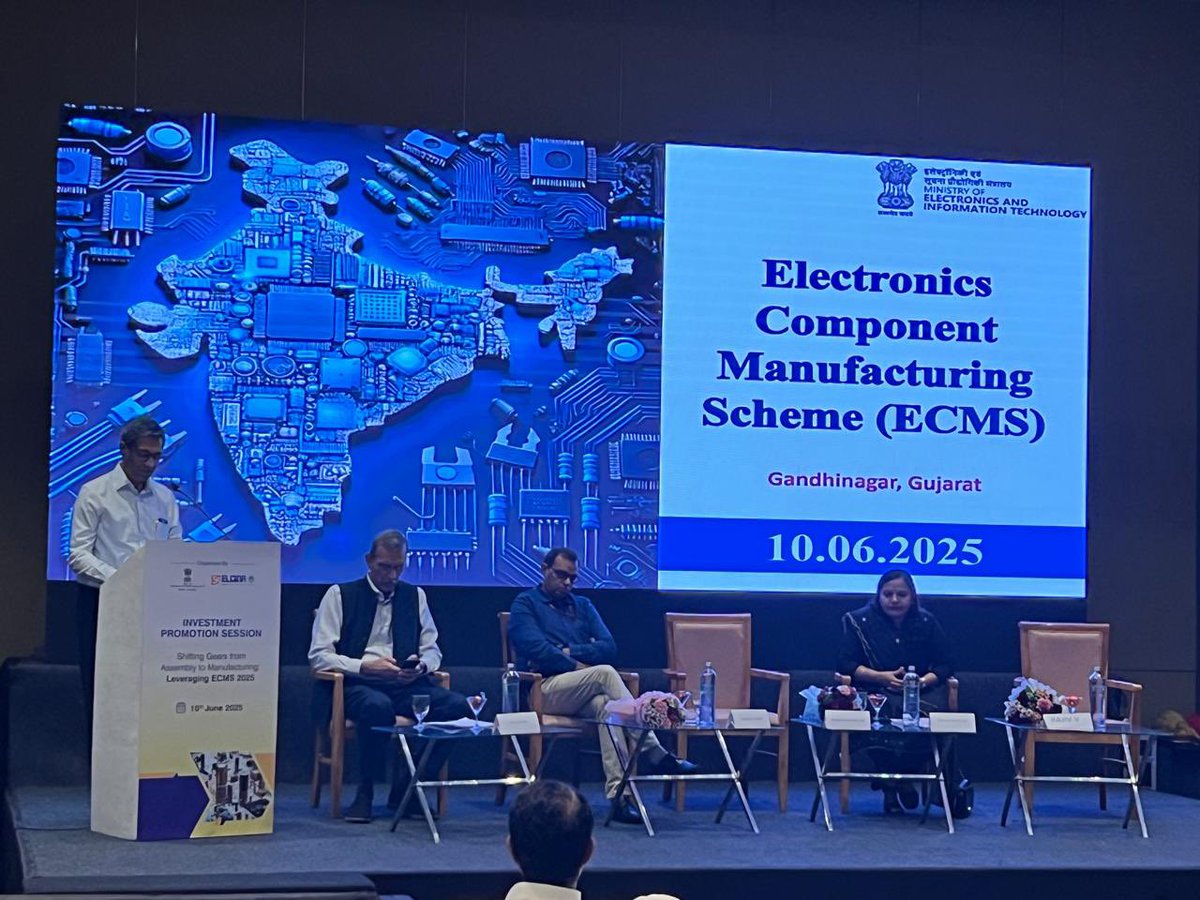 GSEM_DST's tweet photo. MD–GSEM shared Gujarat's perspective on electronics components manufacturing at the MeitY–ELCINA event,highlighting proactive state support,policy frameworks,and investment opportunities under MeitY's Electronics Components Manufacturing Scheme.#GSEM #InvestInGujarat #MakeInIndia https://t.co/g5bJep68ZA