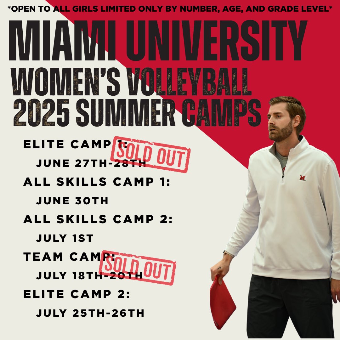 We're excited to announce that ELITE CAMP 1 and TEAM CAMP are sold out! Don't miss your chance to register for ALL SKILLS CAMPS and ELITE CAMP 2 - spots are limited!! 

#miamivolleyball #ncaavolleyball #summercamps #riseupredhawks