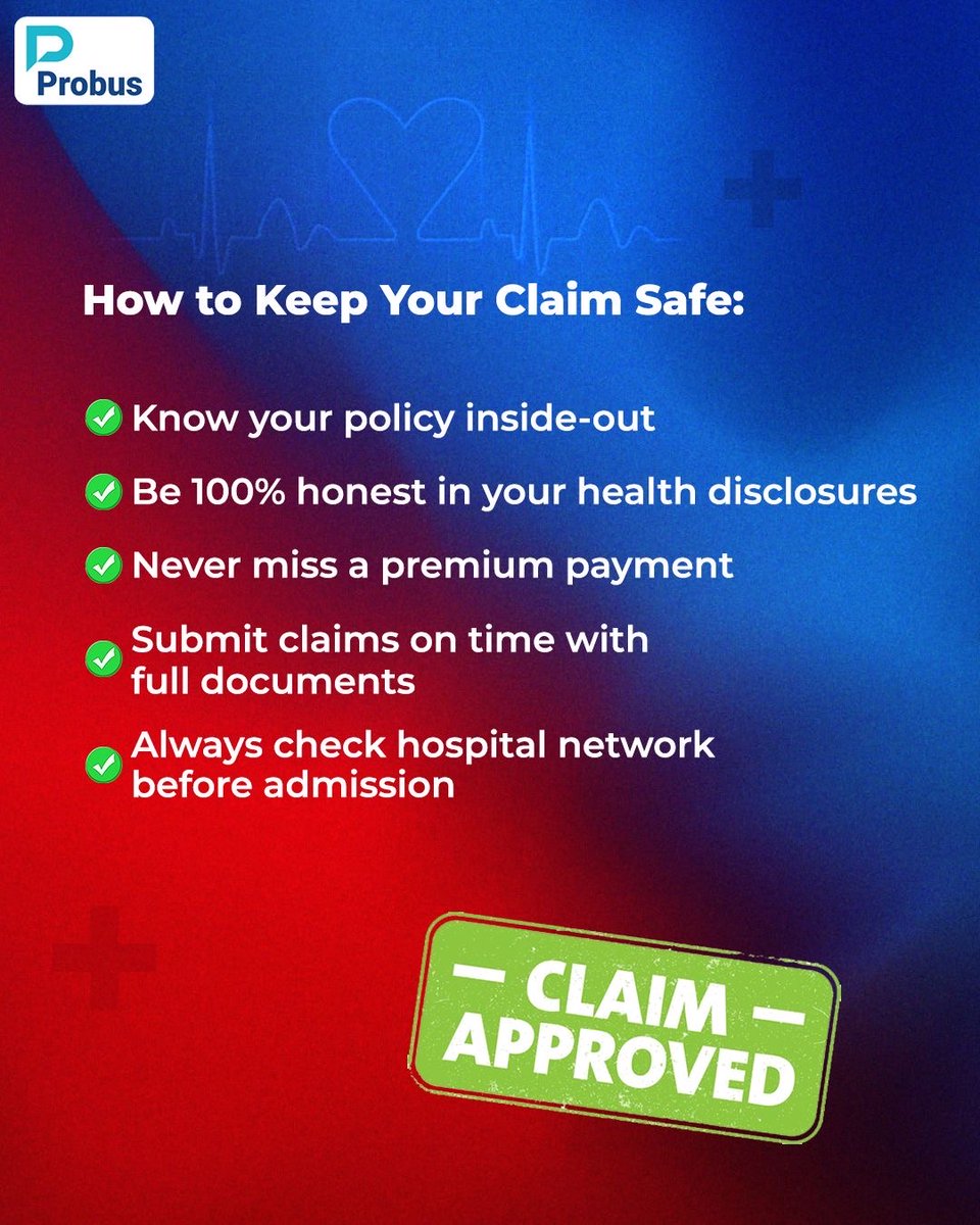 ProbusInsurance's tweet image. Paid premiums, claim denied? It’s common! 
1 in 2 face rejection due to missed details. Use insurance wisely: Understand your policy, safeguard your claim. 

#ClaimSmart 
#HealthInsurance