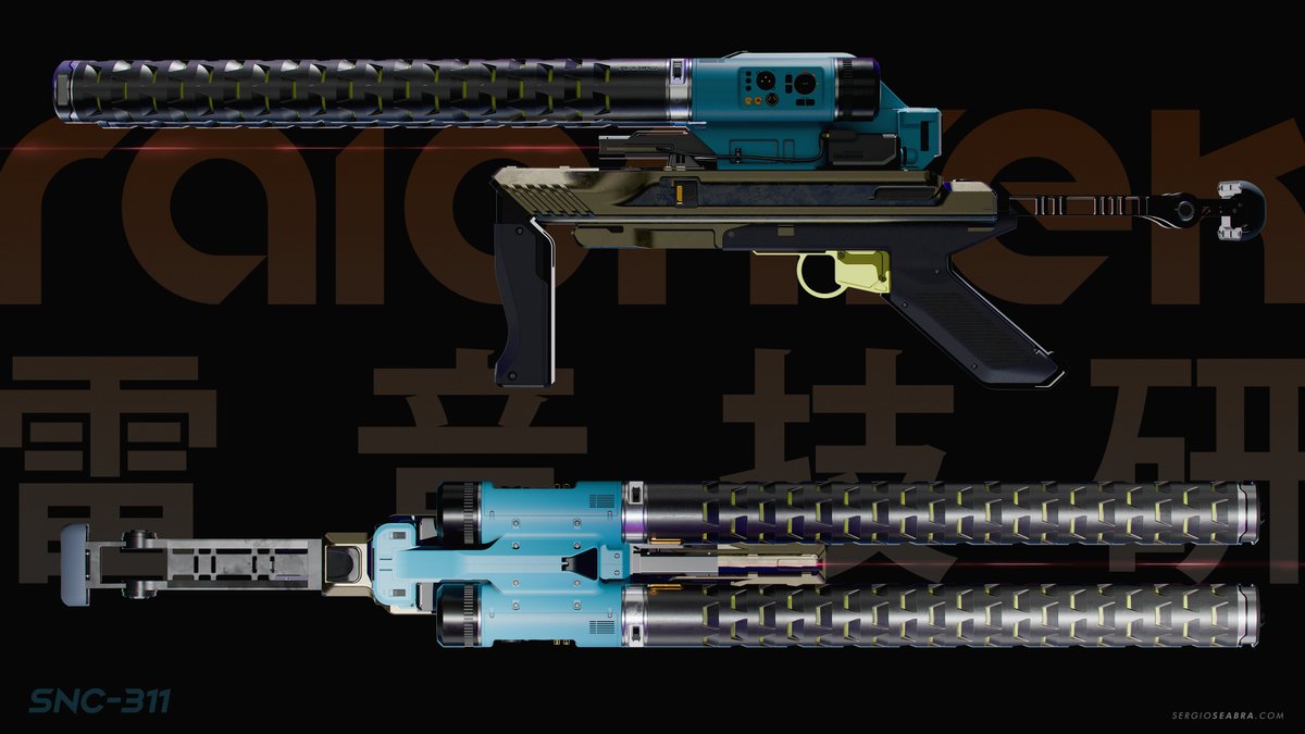 sergioseabra's tweet image. SNC311 is the first prototype on the new range of sonic weapons from RaionTek.
Check all of it in full res on Artstation
artstation.com/artwork/GvWaXN
#conceptdesign #design #scifi #scifiart #sciencefictionart #fps #futuristic #conceptart #weapon #gun #tech #3D #cyberpunk