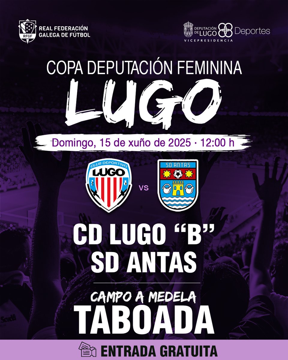 RFGF (@futgal) on Twitter photo 🏆 𝐂𝐎𝐏𝐀 𝐃𝐄𝐏𝐔𝐓𝐀𝐂𝐈𝐎́𝐍 𝐃𝐄 𝐋𝐔𝐆𝐎
𝑭𝒊𝒏𝒂𝒍 𝑴𝒂𝒔𝒄𝒖𝒍𝒊𝒏𝒂 (Pref + 1ª Futgal)
<a href="/sdchantada/">SD Chantada</a> 🆚 <a href="/TaboadaCf/">TaboadaCF</a>
Sábado, 18:00
Campo Arturo Pereiro de Castro
𝑭𝒊𝒏𝒂𝒍 𝑭𝒆𝒎𝒊𝒏𝒊𝒏𝒂
<a href="/CDLugoFem/">CD Lugo Feminino</a> 🆚 <a href="/SDAntas_Oficial/">⚽ SD Antas</a>
Domingo, 12:00
Campo A Medela de Taboada 🏆 𝐂𝐎𝐏𝐀 𝐃𝐄𝐏𝐔𝐓𝐀𝐂𝐈𝐎́𝐍 𝐃𝐄 𝐋𝐔𝐆𝐎
𝑭𝒊𝒏𝒂𝒍 𝑴𝒂𝒔𝒄𝒖𝒍𝒊𝒏𝒂 (Pref + 1ª Futgal)
<a href="/sdchantada/">SD Chantada</a> 🆚 <a href="/TaboadaCf/">TaboadaCF</a>
Sábado, 18:00
Campo Arturo Pereiro de Castro
𝑭𝒊𝒏𝒂𝒍 𝑭𝒆𝒎𝒊𝒏𝒊𝒏𝒂
<a href="/CDLugoFem/">CD Lugo Feminino</a> 🆚 <a href="/SDAntas_Oficial/">⚽ SD Antas</a>
Domingo, 12:00
Campo A Medela de Taboada