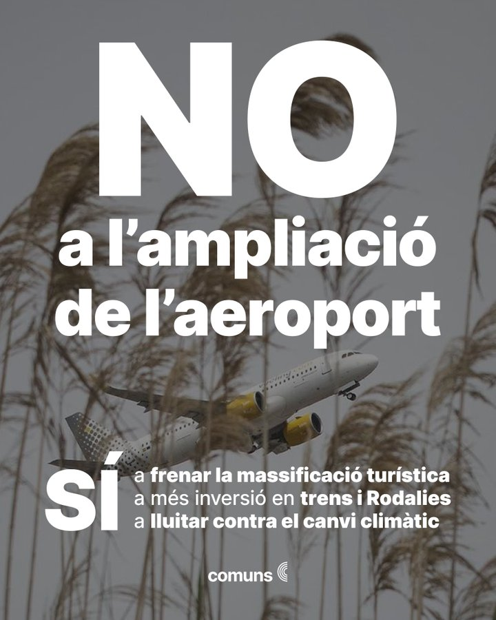 L'ampliació de l'aeroport del Prat no és el futur que volem per Catalunya:
Perquè provocaria més massificació turística i més impacte sobre l'habitatge,
perquè la prioritat ha de ser Rodalies,
perquè incrementaria les emissions i perquè destruiria l'entorn natural de la Ricarda.