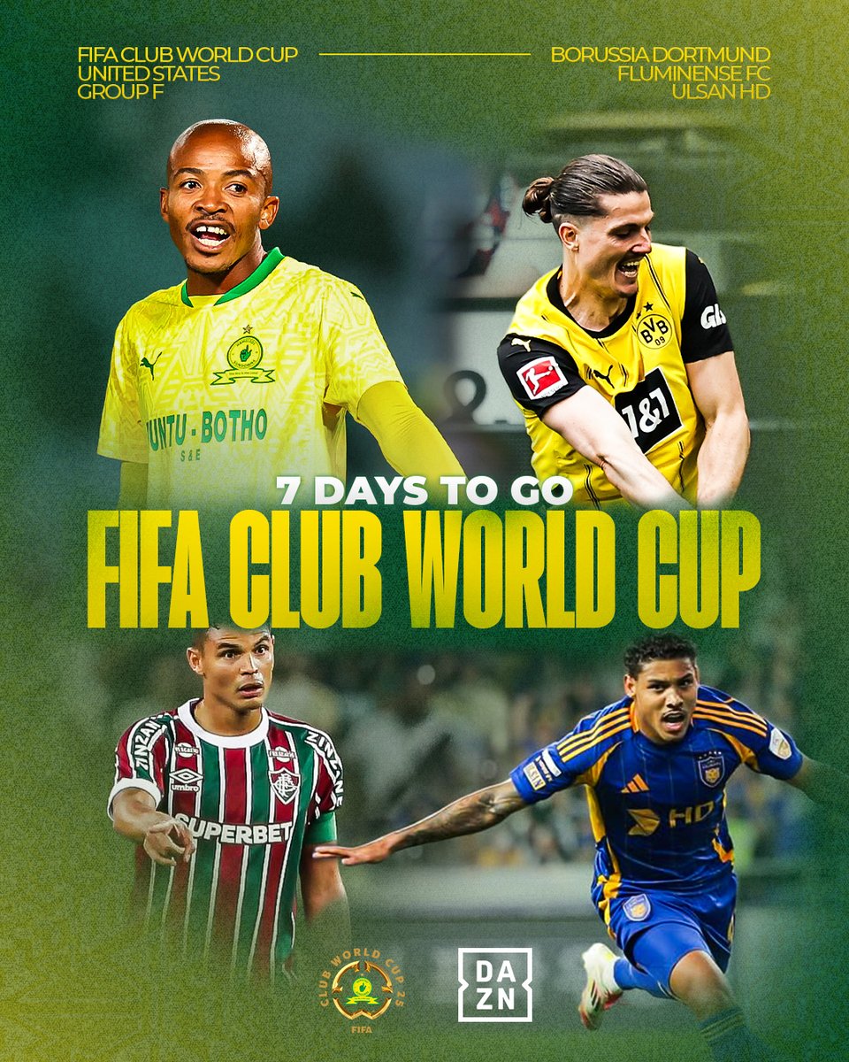 Mamelodi Sundowns FC (@masandawana) on Twitter photo ๐๐
๐๐๐๐ ๐๐ ๐๐๐ ๐๐๐๐๐ ๐
Only 7๏ธโฃ days to go until kick off at the <a href="/FIFACWC/">FIFA Club World Cup</a>!โณ
Are you ready to watch Masandawna battle the worldโs best! Let us know in the comments. ๐
๐ฒ Watch it all live for FREE on DAZN. Register here: bit.ly/DownsDAZN
#Sundowns ๐๐
๐๐๐๐ ๐๐ ๐๐๐ ๐๐๐๐๐ ๐
Only 7๏ธโฃ days to go until kick off at the <a href="/FIFACWC/">FIFA Club World Cup</a>!โณ
Are you ready to watch Masandawna battle the worldโs best! Let us know in the comments. ๐
๐ฒ Watch it all live for FREE on DAZN. Register here: bit.ly/DownsDAZN
#Sundowns