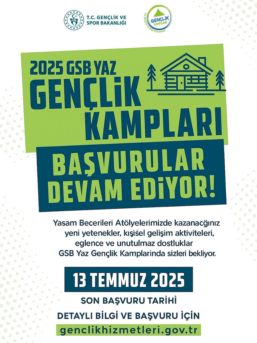 🎉 GSB Yaz Gençlik Kampları ikinci dönem başvuruları devam ediyor.
Macera, eğlence, yeni arkadaşlıklar, deniz, doğa ve daha fazlası seni bekliyor.🌲🏖️
🎯 Başvurunu hemen yap,
GSB Gençlik Yaz Kampları’nda yerini kap! 💪🏕️

📌 Başvuru için: genclikhizmetleri.gov.tr