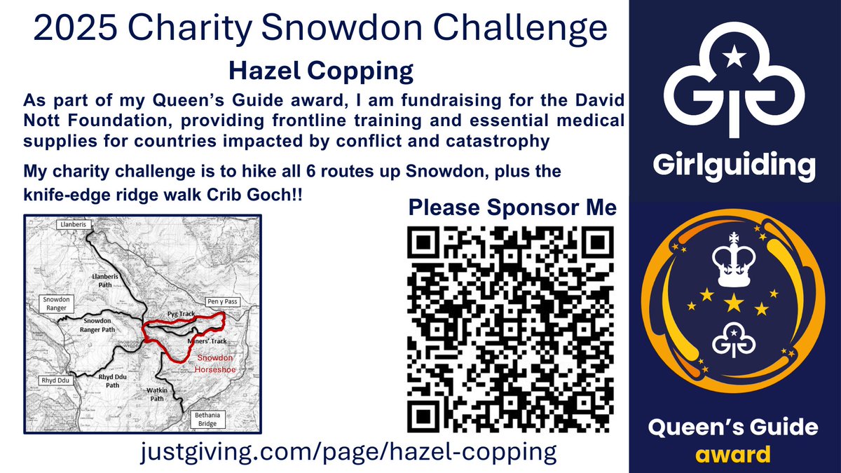Guilsborough's tweet image. 🚶‍♀️Hazel’s Snowdon Challenge 2025🏔️
Hazel, one of our 6th Form students is hiking ALL 6 routes up Snowdon plus the Crib Goch ridge 😱

Raising funds for the @NottFoundation 

👉 Sponsor her: justgiving.com/page/hazel-cop…

#SnowdonChallenge #Fundraiser #QueensGuide #DavidNottFoundation