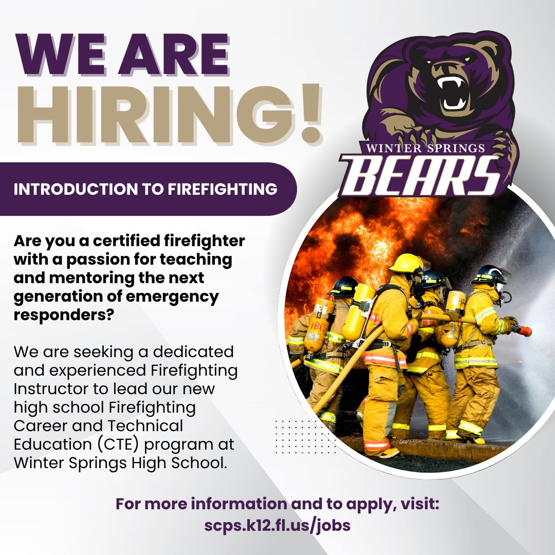 Calling All Certified Firefighters! 
Ready to inspire the next generation of emergency responders? Visit scps.k12.fl.us/jobs to apply. #WhatsYourE #CTE