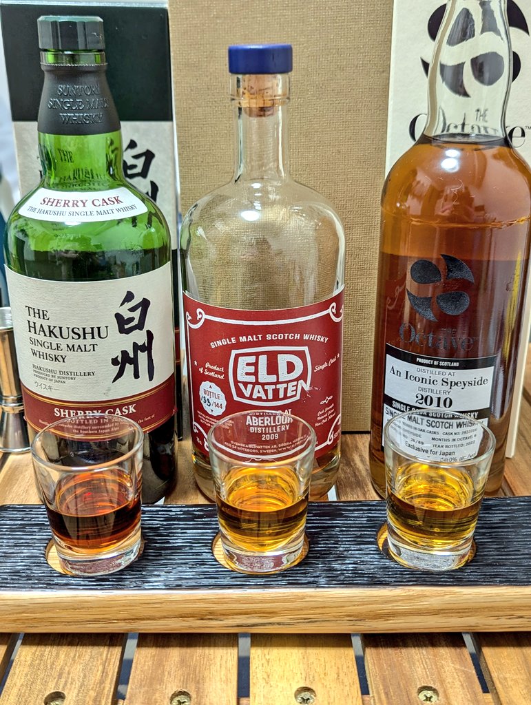 non_drum's tweet photo. シェリー系は飲み比べするものじゃないんだなぁ
一瞬で鼻がイカれた

オクタブは多分グレンファークラス、シナモンっぽい香りがして特徴的
アベラワーは程よく香りが出てきて飲み頃
白州は濃い、ずっと尖ってる印象
濃すぎて、あと数年は丸くならないんじゃないかな https://t.co/DleC6saKSd