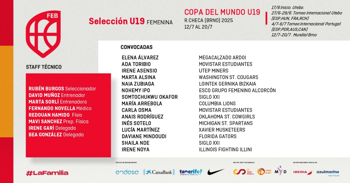🚨 OFICIAL | 1⃣5⃣ jugadoras preseleccionadas con la #U19F 🇪🇸 para la Copa del Mundo #FIBAU19 (12 al 20 de julio) 👌

📆 17 de junio al 11 de julio
📌 Utebo 
🏆 Torneos de Utebo y Portugal

#SomosEquipo