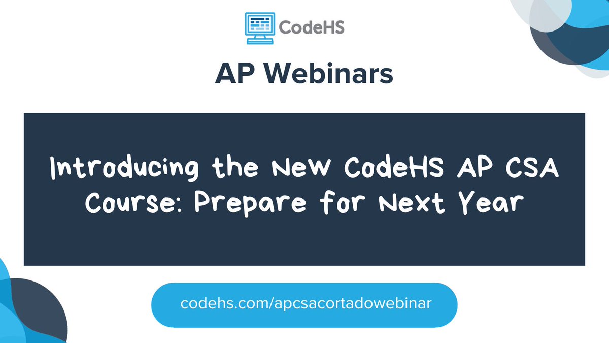 AP CSA Cortado is officially available in the CodeHS course catalog! Watch our new AP course webinar to learn all about this new course. buff.ly/MTKnVe0