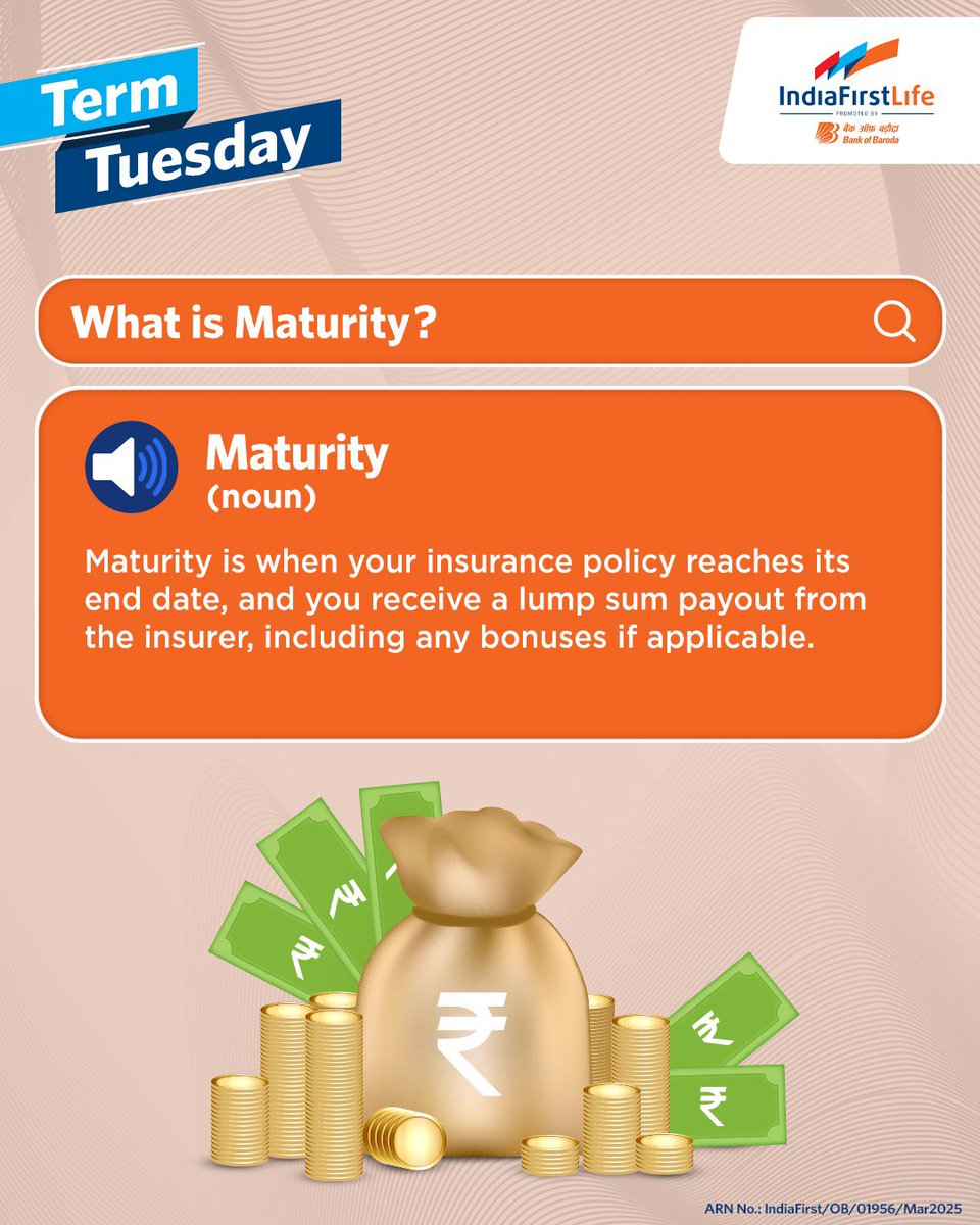 IndiaFirst_Life's tweet photo. Maturity is the rewarding moment when your savings come to fruition!
Want to learn more? Head over to IndiaFirst Life's consumer education initiative—Life Insurance Ki Kitaab.
Click the link in our bio.
Disclaimer: https://t.co/rZgkmKLinZ
#IndiaFirstLife #ChilledLife #YehTohCertainHai #TermTuesday