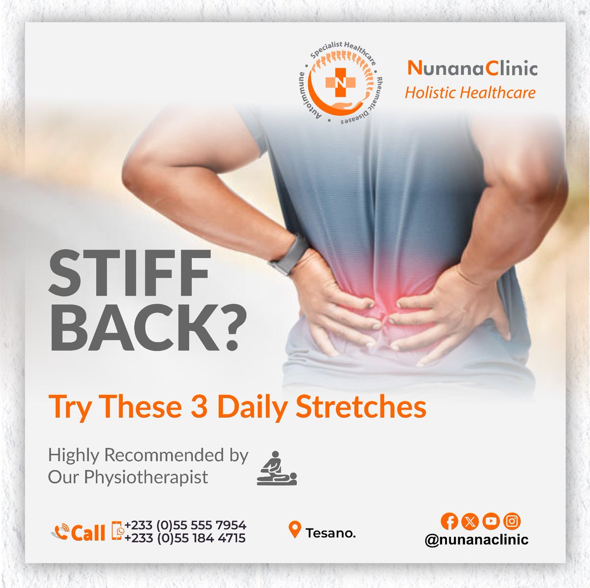 Nunana_Clinic's tweet photo. Stiff back? Try these 3 gentle daily stretches  for quick relief!  Easy, effective, and perfect for easing pain and stiffness. Need more help? Book an appointment with our physiotherapist today! 
#Physiotherapy #PainRelief #Stiffness #Stretches #HealthyBack #NunanaClinc https://t.co/7xDqtXMjSh