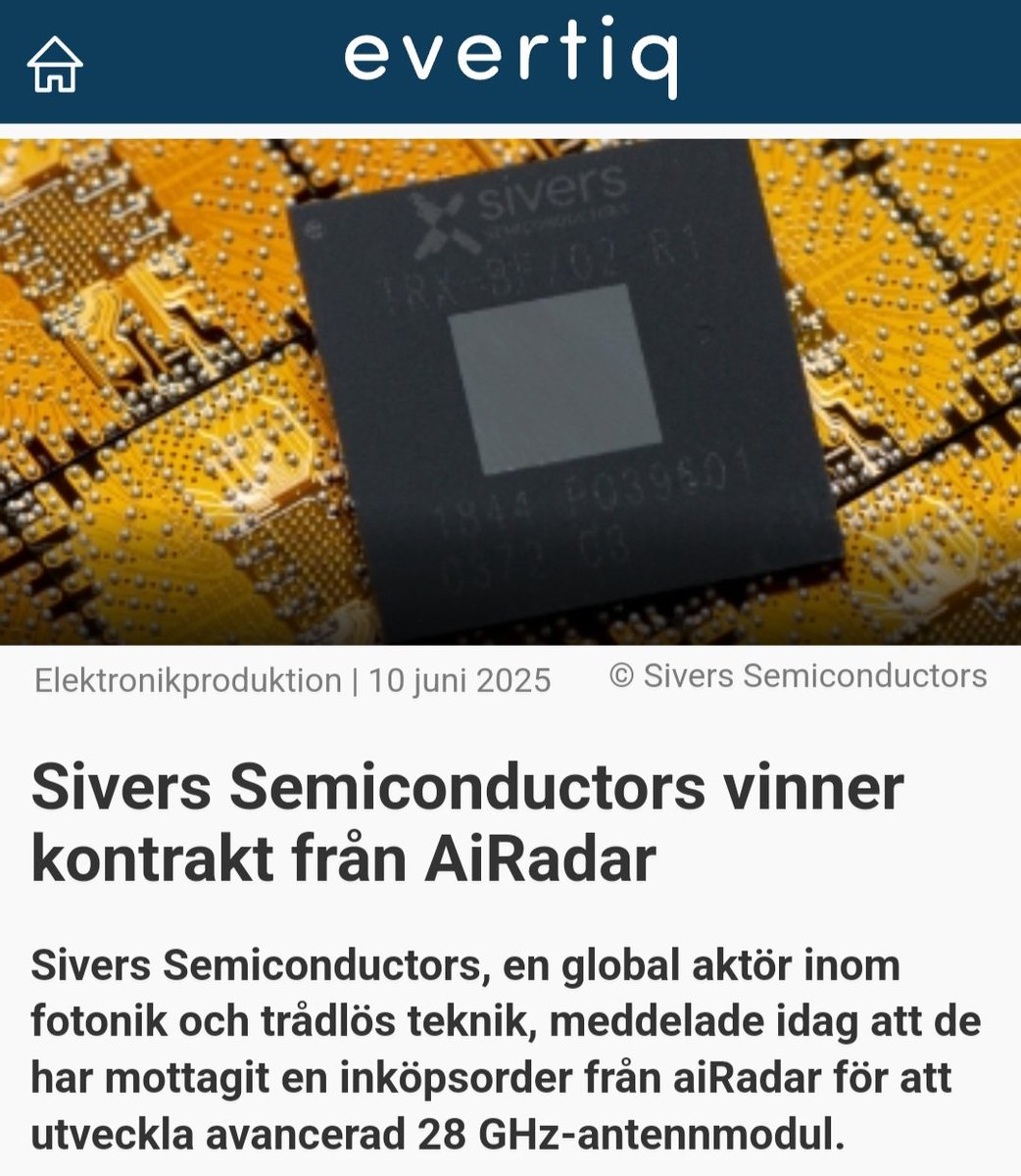 molsson's tweet photo. Sivers Semiconductors vinner kontrakt från AiRadar för att utveckla avancerad 28 GHz-antennmodul.
https://t.co/URFRfN07H7 | @EvertiqSe
#SiversSemiconductors #Wireless #5G #RFIC #28GHz #radar #defense https://t.co/YHgEn3fZVu