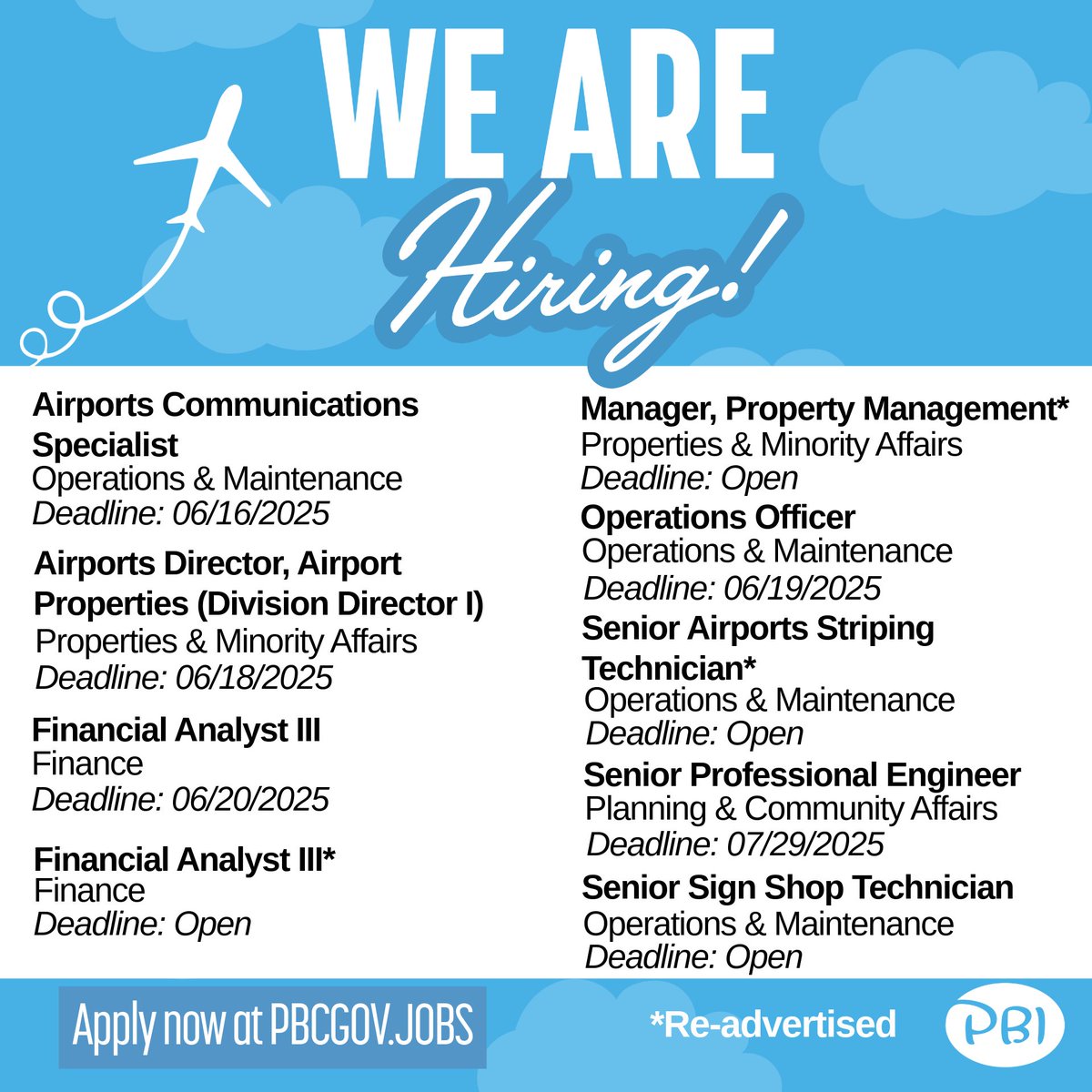 Ready for takeoff?   Your career journey starts at PBI! ✈️ Explore exciting opportunities and apply today: pbcgov.jobs